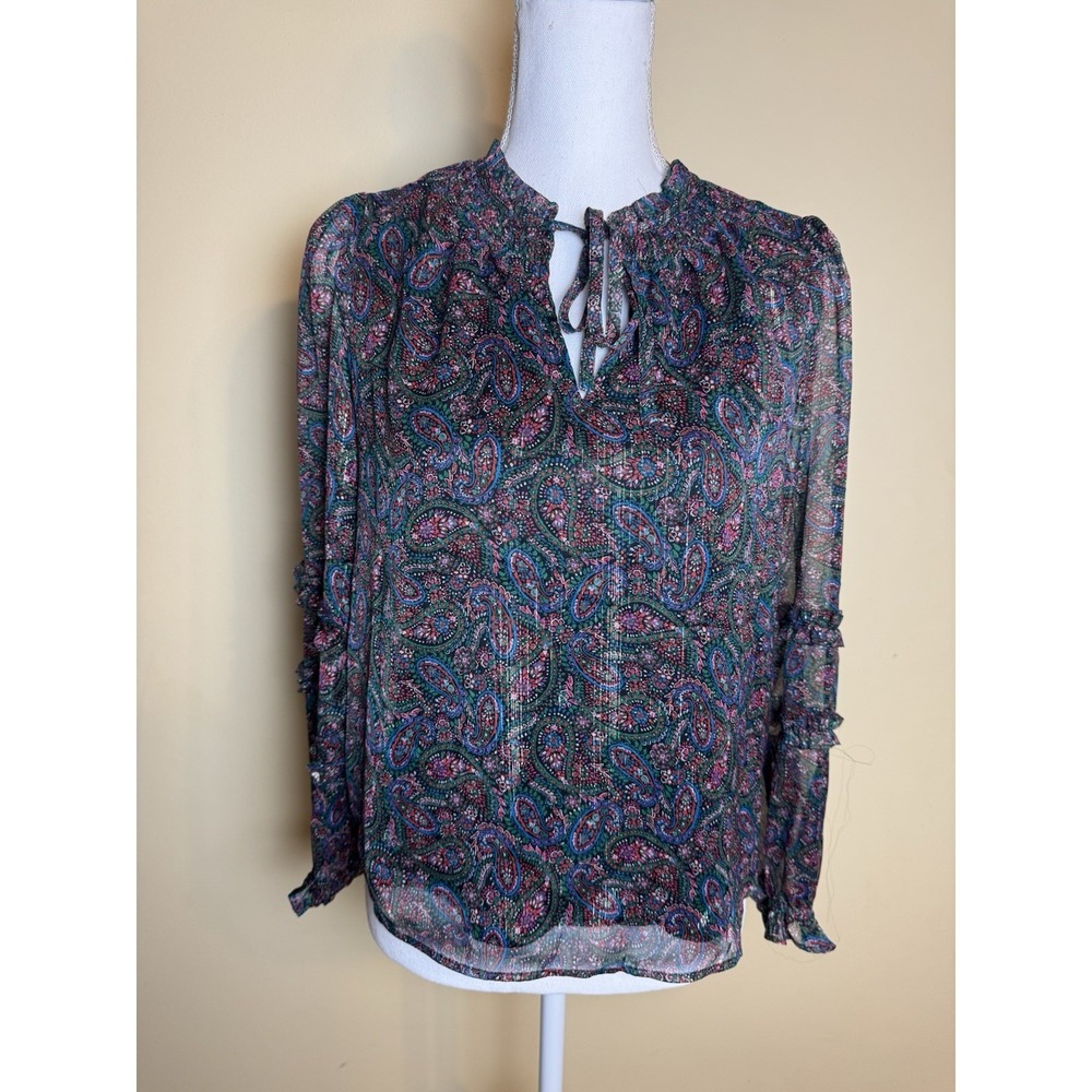 LOFT Blouse Women's XSP Black Shimmer Paisley Smocked Ruffle Tie Neck Shirt